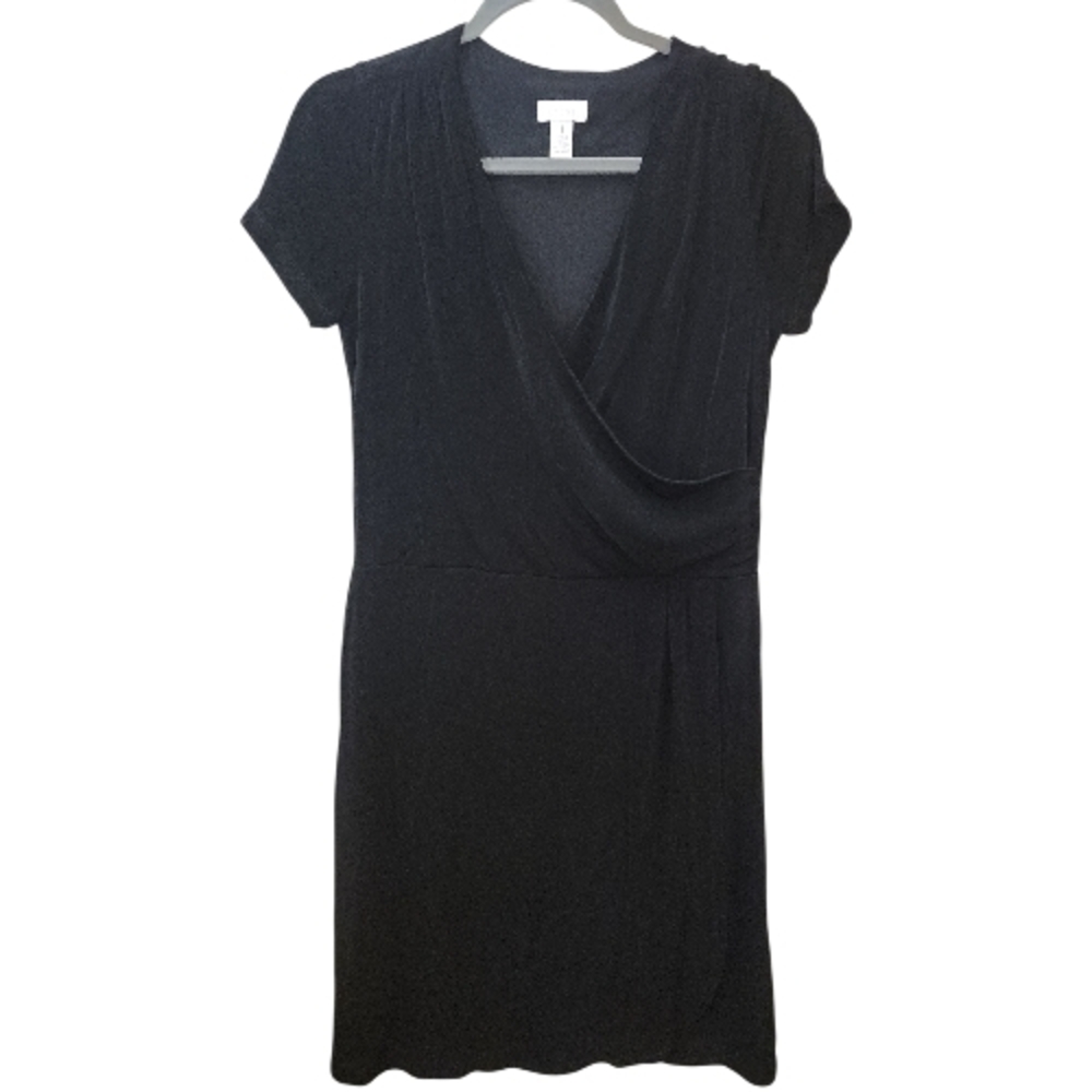 CHICO'S | Classic Slinky Non-Wrinkle Black‎ Faux Wrap Holiday Travel Dress | M 8